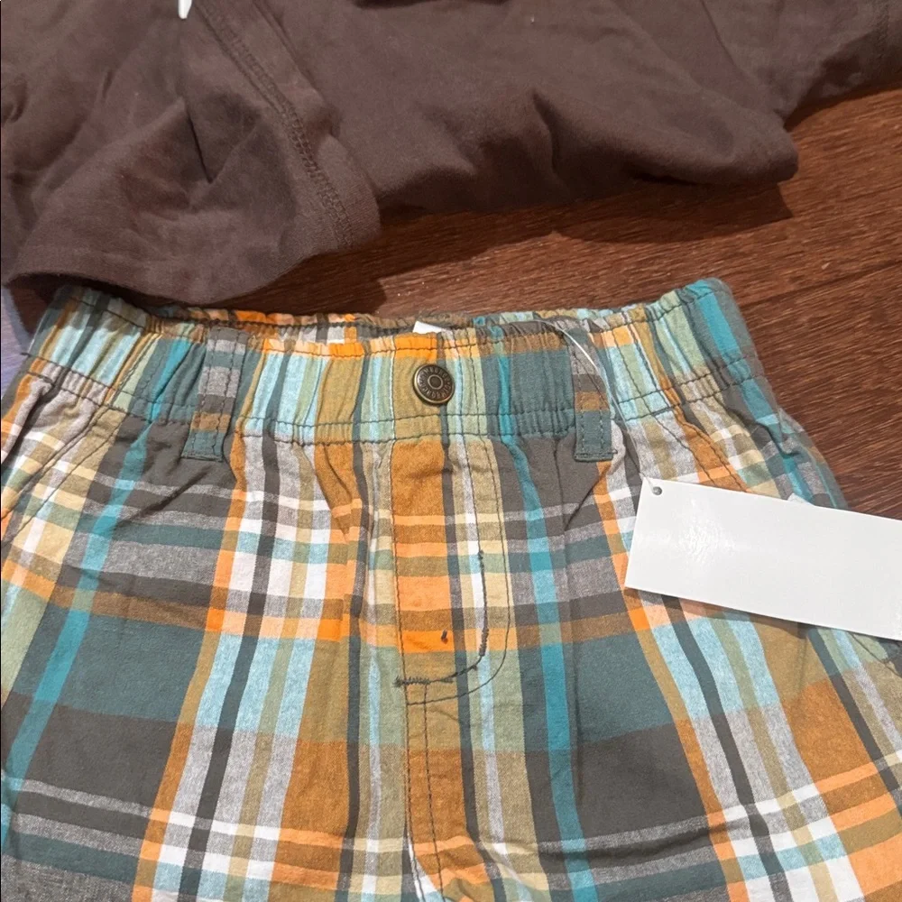 Gymboree Brown 'Daddy's Surf Buddy' T-Shirt and Plaid Shorts Set nwt size 2t